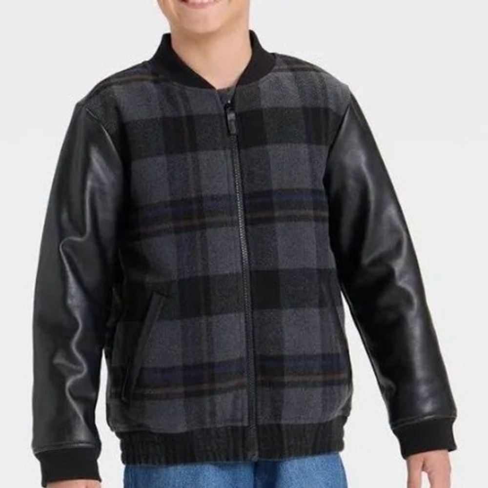 Cat & Jack Boys Plaid Bomber Jacket Gray Black Faux Leather Sleeve S 6/7 Varsity